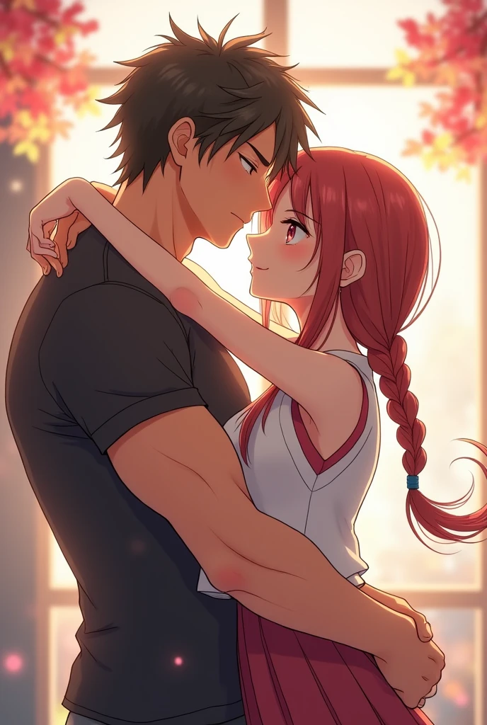 The image of a girl with 2 braid with extremely hot figure getting a hug from a boy from behind with muscle mass and aesthetic body with mid hair partition hairstyle in anime style.