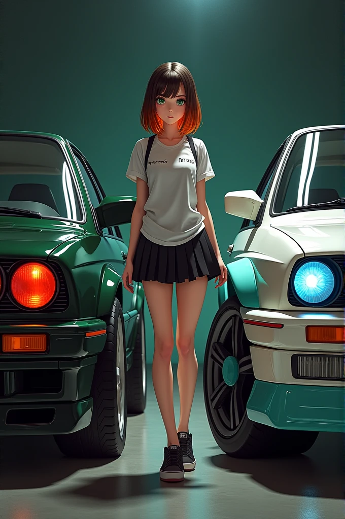 Give me the image of a girl passionate about cars, she is tall, white, green eyes, skinny, about 90,60,90 waist-length hair color between orange and dark brown, With a skirt and a nice racing shirt her outfit in the middle of 3 cars the first a black NISSAN SKYLINE GTR R32 with red headlights, The second one is a green Renault 9 with orange turn signals and the third one is a white BMW M3 E30, aesthetically modified with lines in the colors of its light blue logo., dark and red