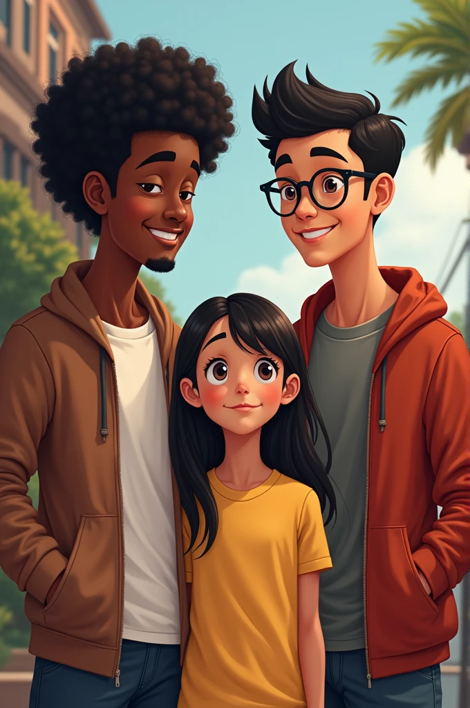 A slim light black college boy showing his friends a glasses weared girl infront of them with amazed normal face reaction