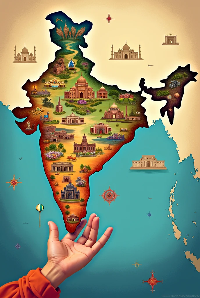 India map with entertainment India pics in it holded by one hand