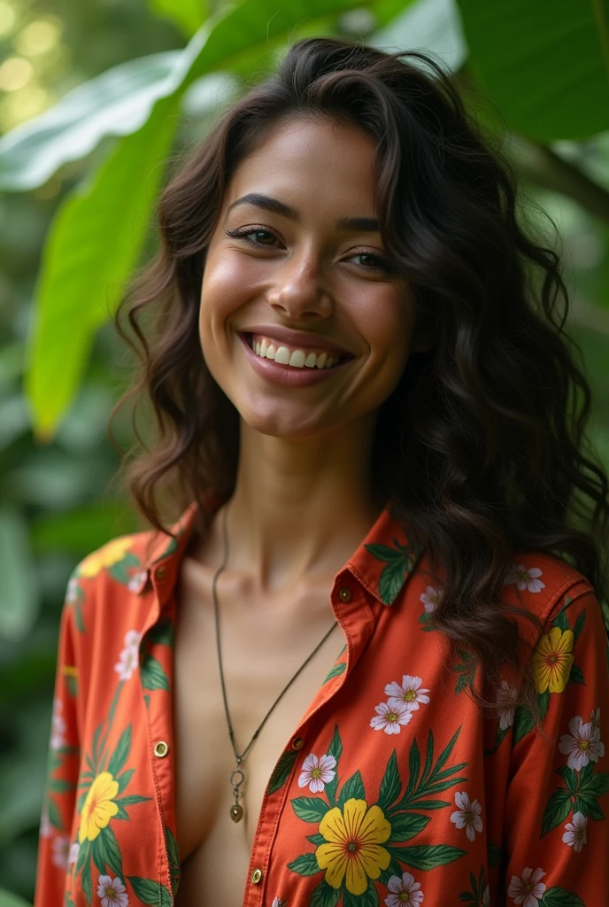 A Brazilian woman in a lush tropical garden, wearing an open shirt with a floral print, with a close-up capturing the harmonious beauty between her breasts and the natural flowers, showing off your natural charm and outgoing personality.