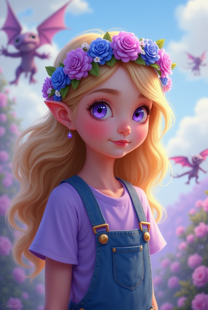 Girl with Blonde Hair, Purple & Blue Flowers on Head, Purple Shirt with Blue Overalls, Lavender Eyes And Dragons in the Background