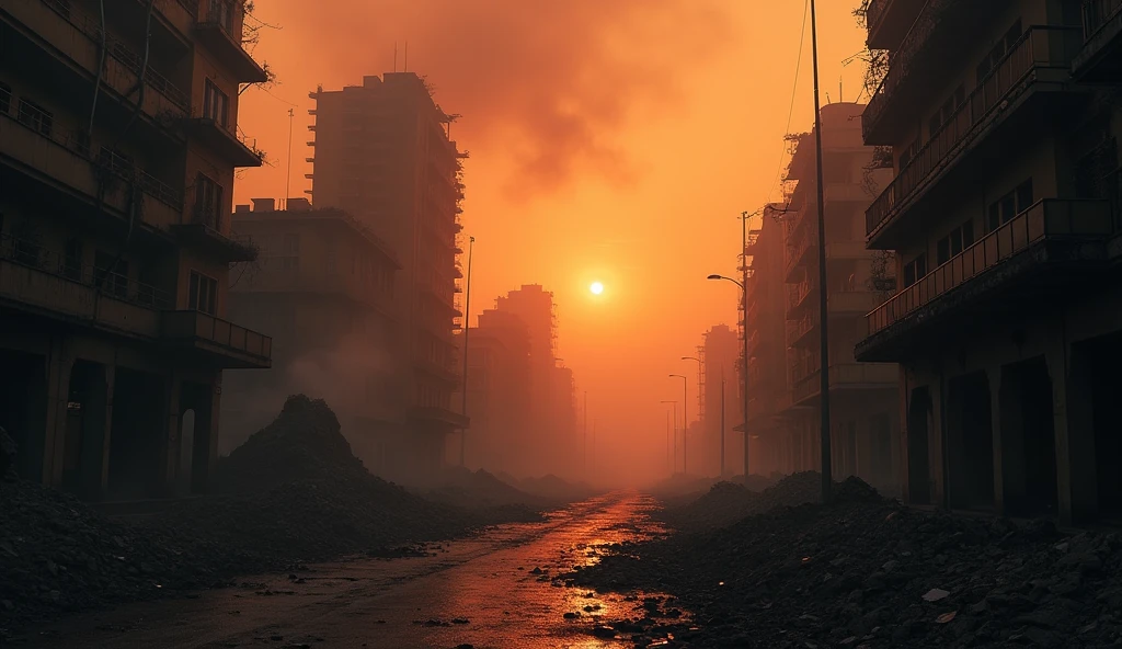 A photo of a large city at dusk, with a catastrophic shadow of darkness.  dust, casting a strange orange hue over the city.  Buildings are silhouetted against the orange sky, with some partially collapsed.The streets are empty, with rubble strewn about. The overall atmosphere is dark and apocalyptic.