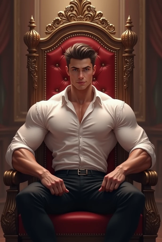 A muscular boy wearing white shirt and black pants sit on king chair 