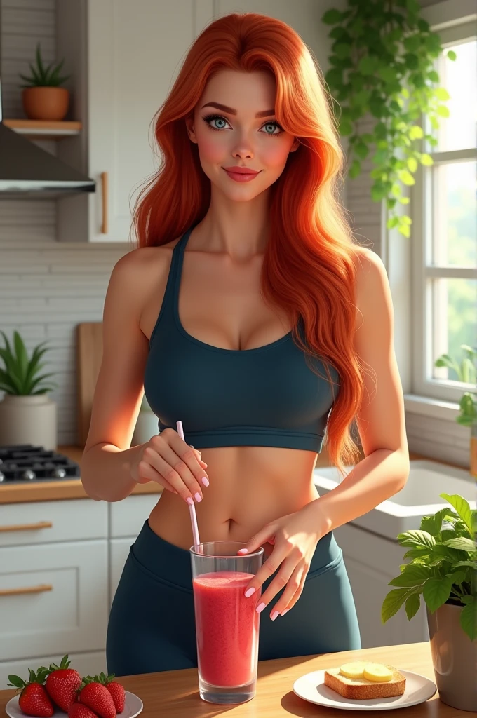 ultra realistic, Photography, long red hair, Girl, 2, hourglass figure, perfect body, medium breasts, flirtatious look, extremely detailed artistic germ, In the Artgerm style, in front of the camera, 35mm lens, blurred background, standing in the kitchen, holding a yellow lollipop, wearing a tight, slim crop top and shorts,