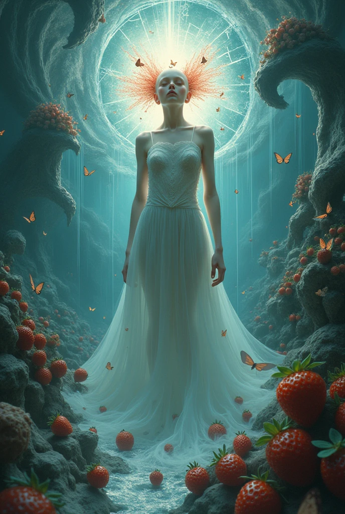 a clothesque unearthly image of a female strange creature emitting an inner bright light against a background of butterflies and broken glass completing a swirling fluffy explosion of an icy strawberry sphere consisting of velvet corduroy drip irrigation