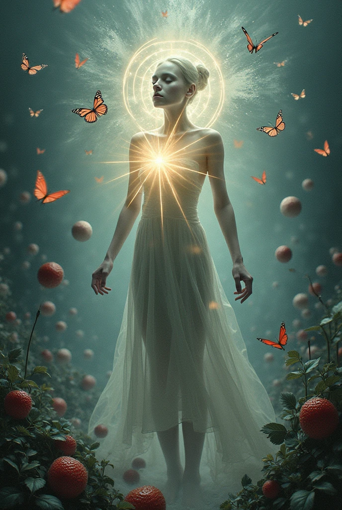 a clothesque unearthly image of a female strange creature emitting an inner bright light against a background of butterflies and broken glass completing a swirling fluffy explosion of an icy strawberry sphere consisting of velvet corduroy drip irrigation