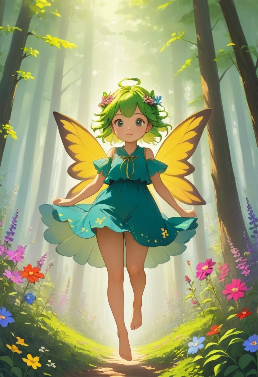 Forest Fairy,Mysterious, small and cute,wood々In the thick forest,光に包まれた幾人もの妖精がwoodの枝に座っている,(Flying high and high,Barefoot,Running),Mysterious Mysterious,Vibrant wildflowers blooming in the forest,Fantasy,Exquisite atmosphere,Masterpiece,Highest quality,Detailed anime art,Digital Art,