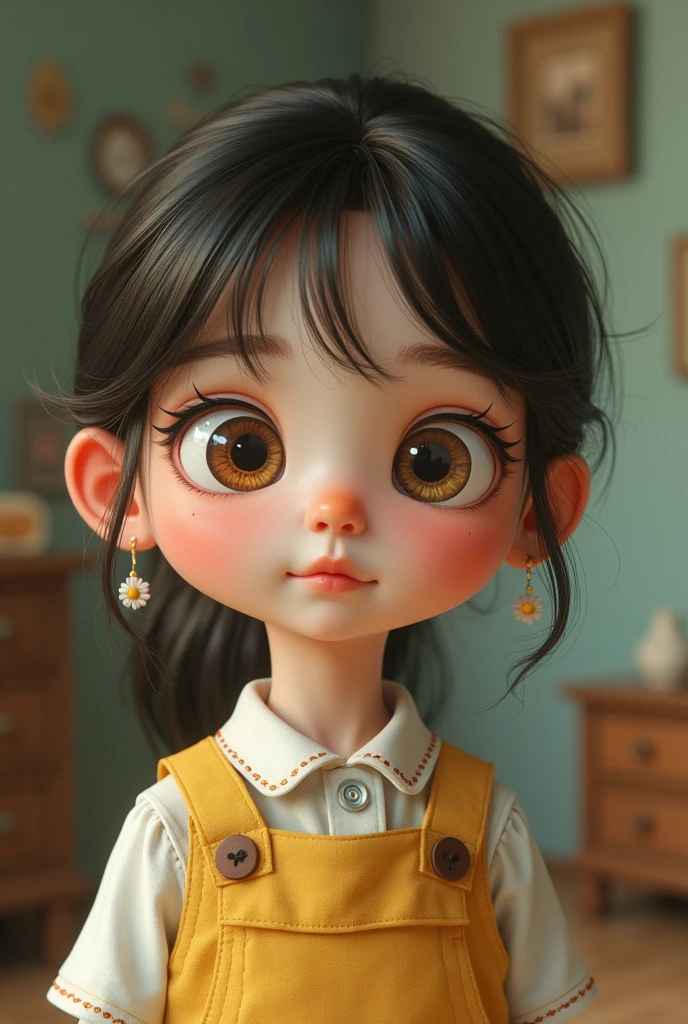 A girl cube face spring eyes
Nose small big mouth and lips uper hig
Small earrings
Room background