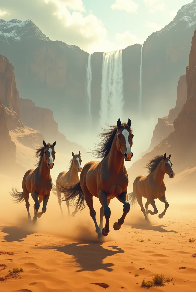 A group of horses riding on a sand desert area with fogg and smoke on a mountain waterfall