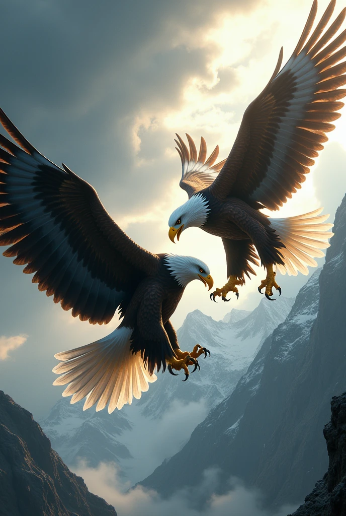 Create a 4k picture of bald eagle vs golden eagle make them look giant