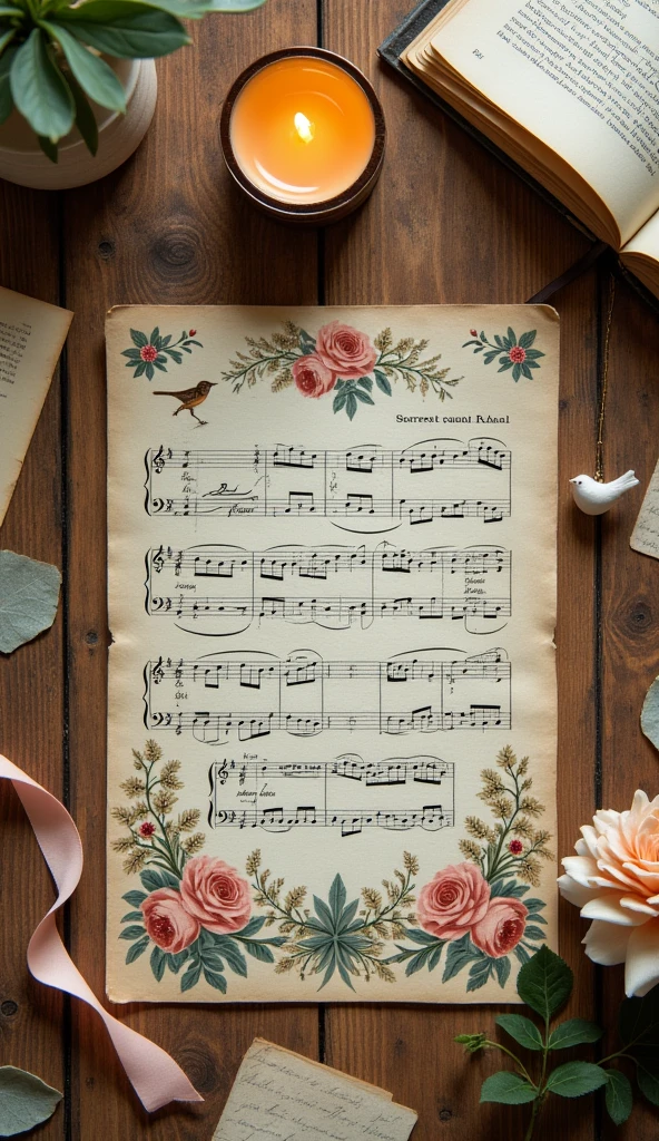 a collection of vintage-style papers and objects arranged on a wooden surface. Among the elements are handwritten notes, printed illustrations of flowers and birds, musical notations on a sheet, an open book with text, a lit candle, and ribbons. The overall arrangement exudes an artistic and nostalgic vibe, suggesting an interest in scrapbooking or creative journaling.