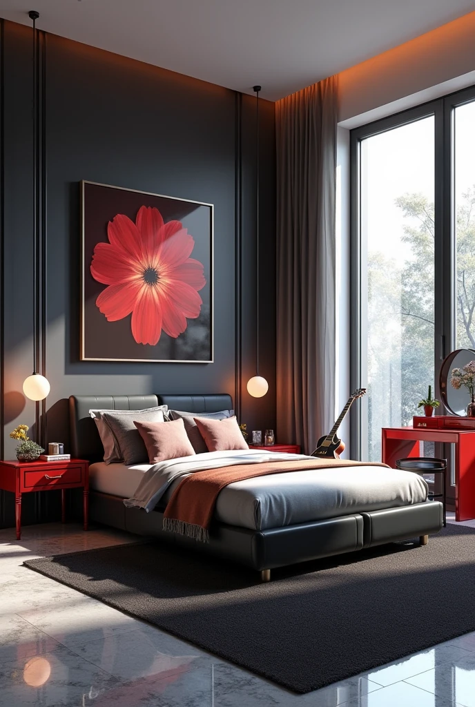 Professional 3d architecture rendering design of modern girl teenage room with modern dark bed and light silver blanket and sheets modern red glassy makeup table and glassy chairand glassy black gitar And modern windows and beautiful and modern painting wall with tailor suieft painting and modern windows and showing complete bed room and light gray stone for floor and elegant dark carpet and small ai similar human sitting on the chair