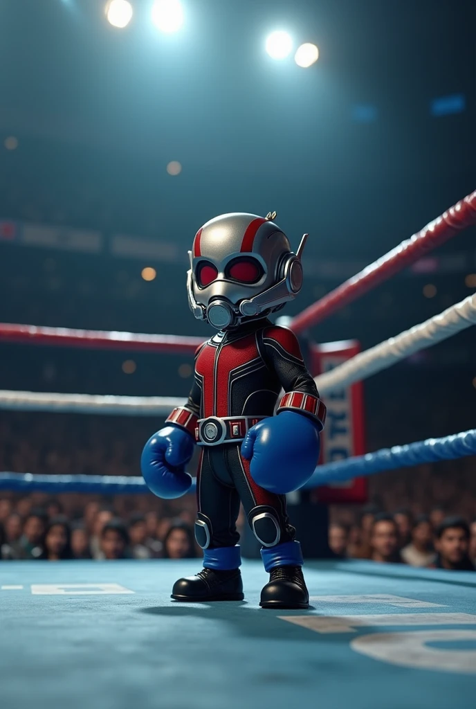 a boxing ring, ant man , wearing blue boxing gloves