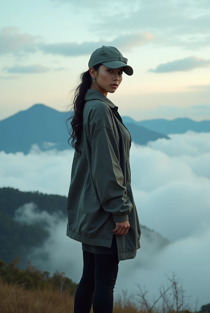 full-body portrait photograph of a young java woman hijab with polo Cap, wearing pinafore with tight-fitting , hotpant with leggings, oversized_breasts.", she is hiking, beautiful_breasts. Sexy body, in a unique, photoshot model, ((in sea of clouds over the mountain))), pullover, highres, 4k, HDR, 1girl, photorealistic, realistic, big booobs, turning away facial at viewer, closeup