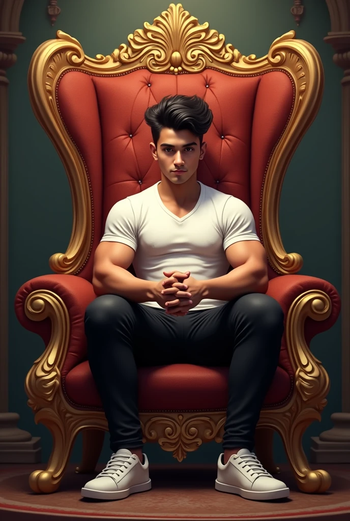 A muscular boy wearing white shirt and black pants sit on king chair and arindam name is write on top of chair