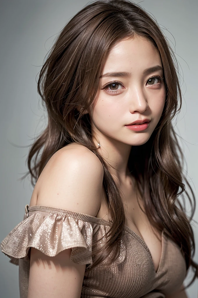 (RAW Photos, Highest quality), (Realistic, photo-Realistic:1.3),Highest quality,Very detailed,masterpiece,Very detailed,figure,One girl,upper_body,Dynamic Angle,world masterpiece theater,Messy_length_hair,Highest quality,Very detailed CG ユニティ 8k 壁紙,ink,wonderful,Cinema Lighting,lens_Flare,,Dunhuang_style、(Light brown wavy hair:1.8)、Off-the-shoulder knit、Spring-like colors、Ultra-high resolution face、超高解像度のhair、Ultra-high resolution sparkling eyes、Ultra high resolution glossy lips、The best smile:1.8,Face close-up:1.2,long and voluminous lashes:1.8,Facing forward:1.5,Voluminous wavy hair