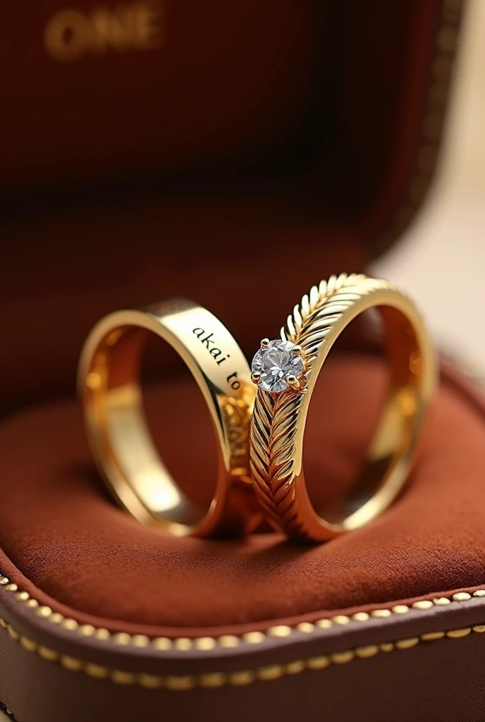 pair of gold-colored wedding and engagement rings in a velvet box, the men&#39;s ring is simple, only smooth with a light braided finish around it matching the women&#39;s ring the women&#39;s ring has a brilliant minimalist diamond stone reminiscent of a flower and around it a braided finish with small diamonds on the inside of the rings the word is engraved "AKAI TO"