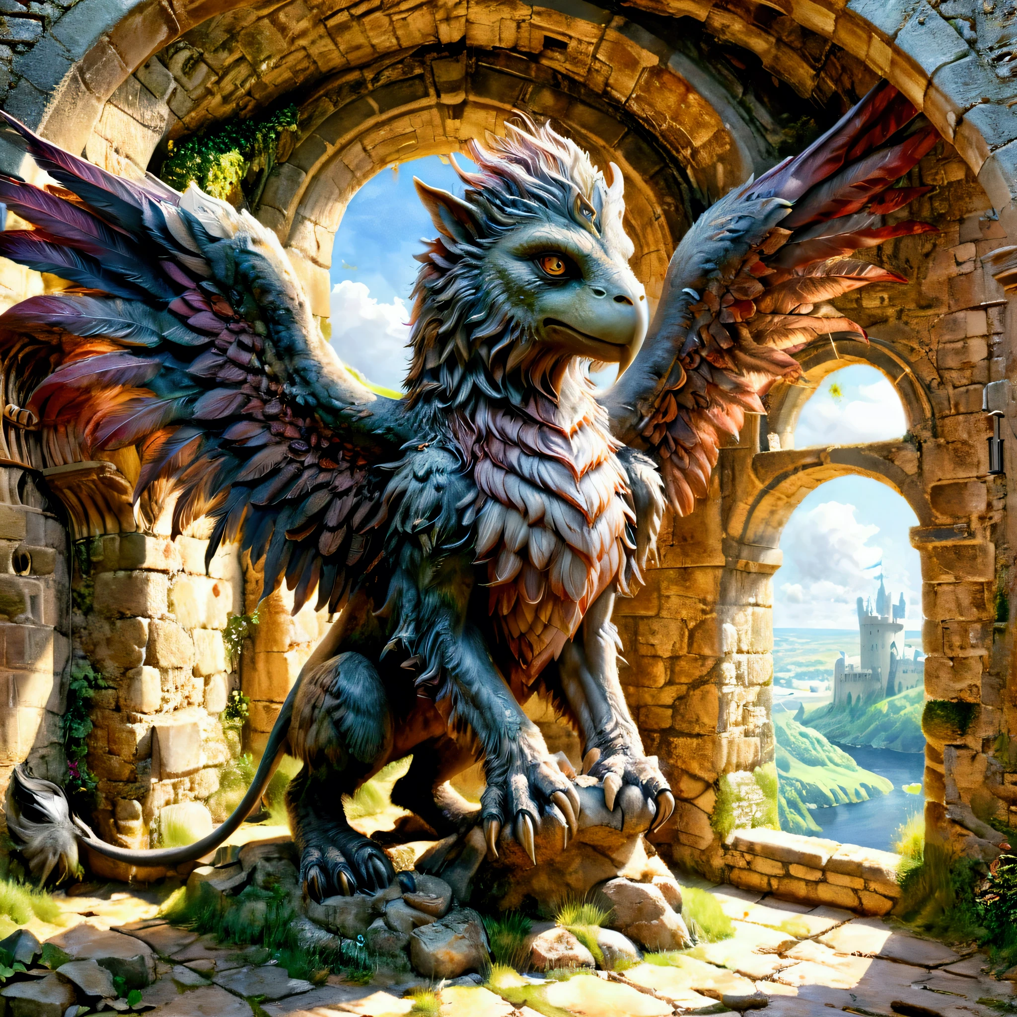 Mythical griffin, artstyle-watercolour, griffin in an old castle