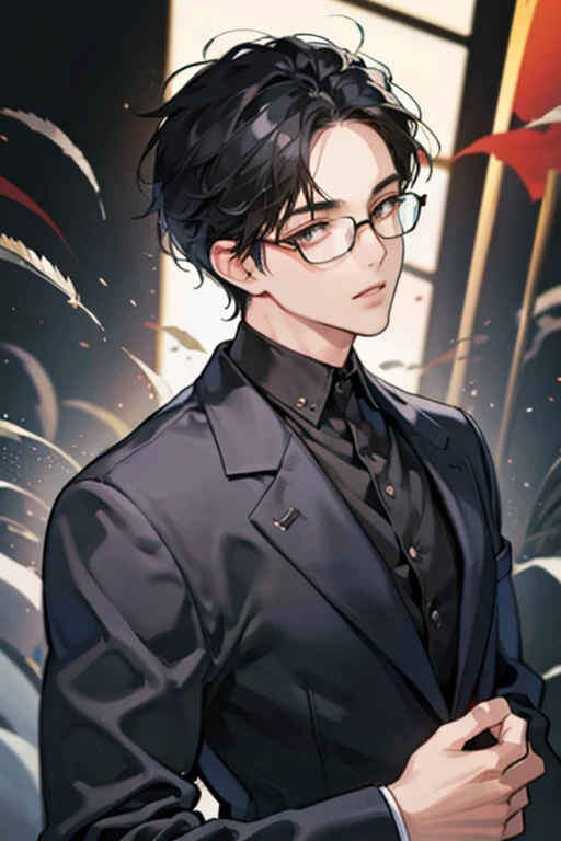 Black Hair,all back,Under-rim glasses,lawyer,business suit,A sharp face,Slanted Eyes,Stocky figure,