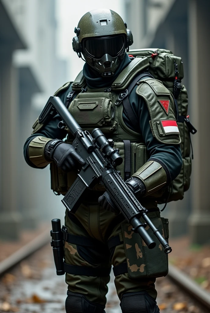 an Indonesian TNI Kopassus Soldier with indonesian flag badge wearing futuristic battle suit camouflage holding a futuristic gun, wearing a big futuristic military backpack, nightvision