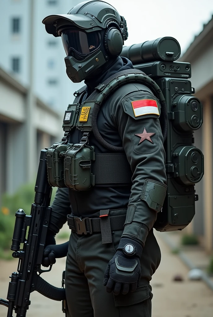 an Indonesian TNI Kopassus Soldier with indonesian flag badge wearing futuristic battle suit camouflage holding a futuristic gun, wearing a big futuristic military backpack, nightvision