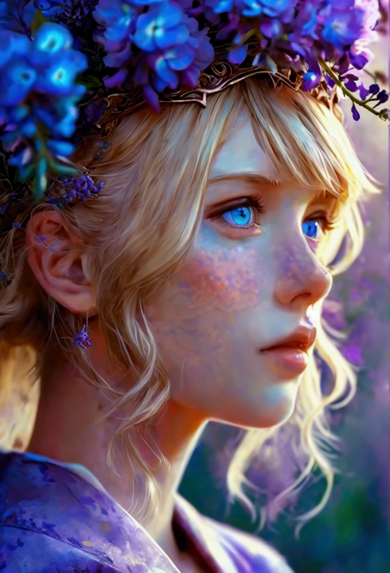 Girl with Blonde Hair, Purple & Blue Flowers on Head, Purple Shirt with Blue Overalls, Lavender Eyes And Dragons in the Background