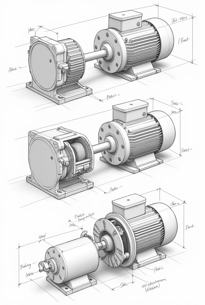 make a sketch of maintenance of motors with brakes, in real sizes. Having 3 views, front view, lateral e superior. in 2d a technical drawing.