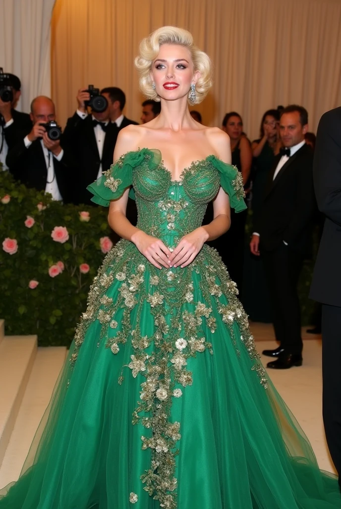 New York MET GALA event, green floral gown, Marilyn monroe, paparazzi behind, complete dress, gilded glamour