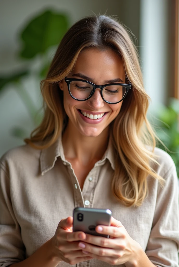 Color photo of a happy white American woman wearing glasses, using a smartphone, capturing her joyful expression and engagement with the device, natural and realistic portrait, mobile photograph, camera settings: iPhone 12 Pro, VSCO Cam app, indoor or outdoor lighting.