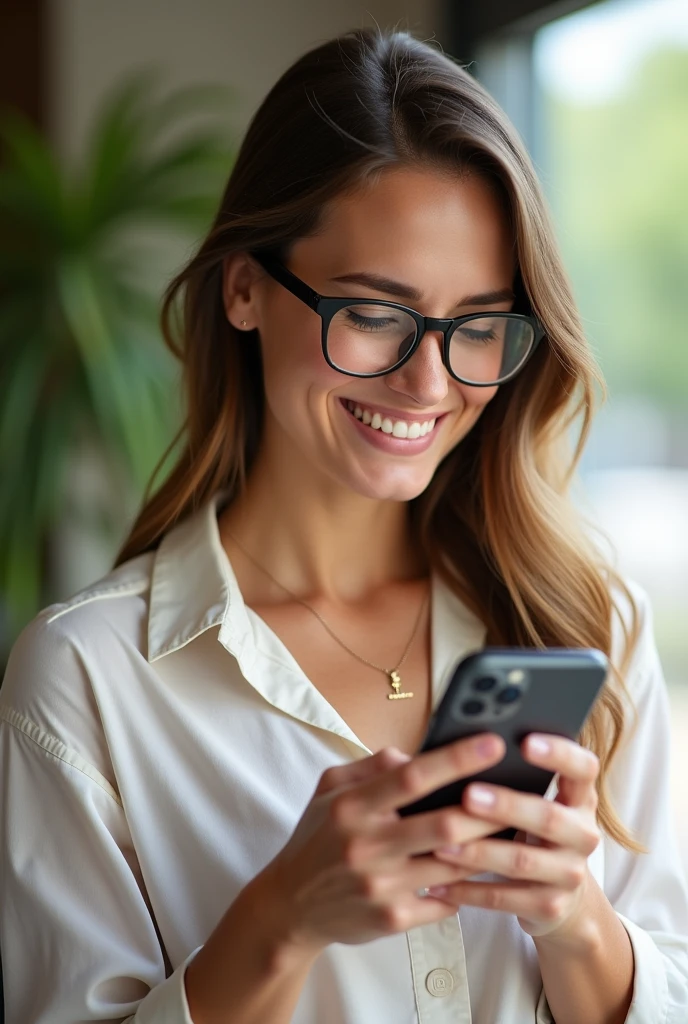 Color photo of a happy white American woman wearing glasses, using a smartphone, capturing her joyful expression and engagement with the device, natural and realistic portrait, mobile photograph, camera settings: iPhone 12 Pro, VSCO Cam app, indoor or outdoor lighting.