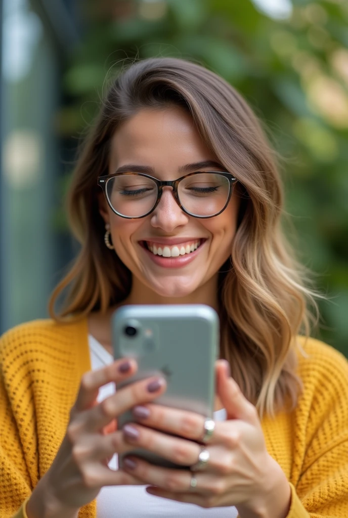 Color photo of a happy white American woman wearing glasses, using a smartphone, capturing her joyful expression and engagement with the device, natural and realistic portrait, mobile photograph, camera settings: iPhone 12 Pro, VSCO Cam app, indoor or outdoor lighting.