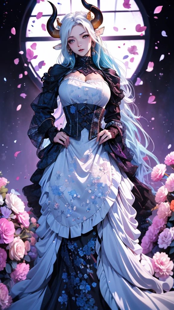 Official Art, Unity,8k wallpaper, Correct Anatomy，Very detailedな, Beautiful yet fleeting、((Two horns grow from the head))Japan、beautiful, masterpiece,((One Woman)) Highest quality,White flower, ((Large Breasts))Flower Ecstasy, Very detailed, Light blue hair、(())Dynamic Angle, (()), ((black gothic dress))The most beautiful form of chaos, ((The body is slim)).elegant, Vibrant colors,(())