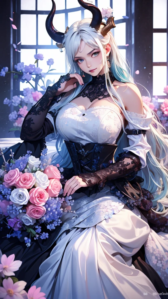 Official Art, Unity,8k wallpaper, Correct Anatomy，Very detailedな, Beautiful yet fleeting、((Two horns grow from the head))Japan、beautiful, masterpiece,((One Woman)) Highest quality,White flower, ((Large Breasts))Flower Ecstasy, Very detailed, Light blue hair、(())Dynamic Angle, (()), ((black gothic dress))The most beautiful form of chaos, ((The body is slim)).elegant, Vibrant colors,(())