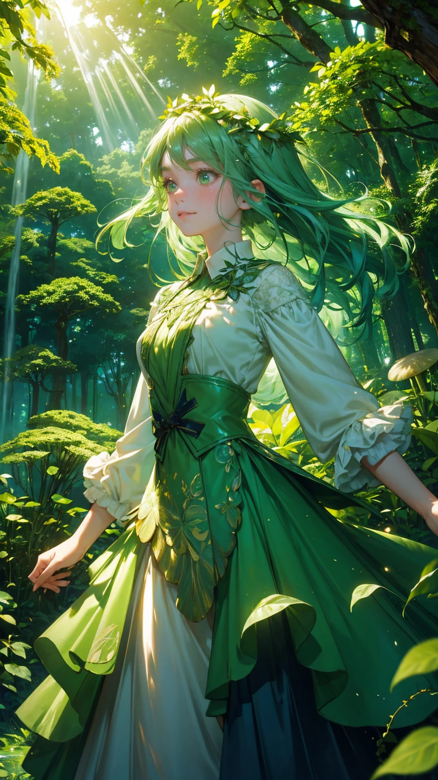 A beautiful, cute girl with an excited expression, wearing a whimsical green forest-themed outfit made of leaves and natural elements, like vines and small branches. She is joyfully jumping in the air, surrounded by a cascade of green glowing coins falling from above. Below her, a magical forest clearing with a small waterfall and a pond sparkles in shades of green. Towering trees with lush green canopies and oversized green mushrooms fill the background, while beams of green light shoot upward in a vibrant burst. The entire scene is immersed in various green tones, from her dress to the trees and the water, creating a lively, enchanting, and otherworldly forest atmosphere."