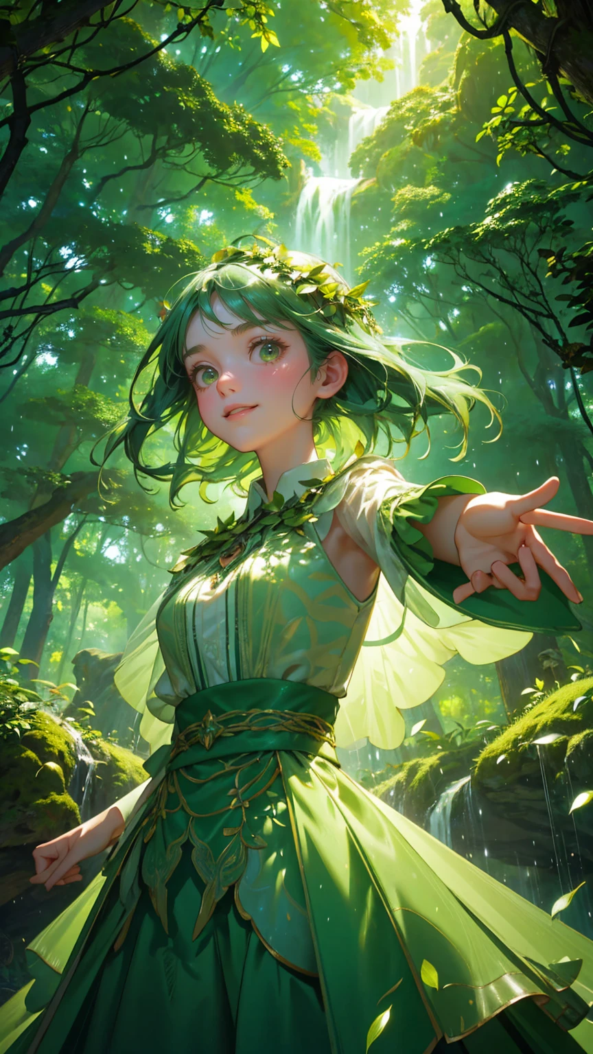 A beautiful, cute girl with an excited expression, wearing a whimsical green forest-themed outfit made of leaves and natural elements, like vines and small branches. She is joyfully jumping in the air, surrounded by a cascade of green glowing coins falling from above. Below her, a magical forest clearing with a small waterfall and a pond sparkles in shades of green. Towering trees with lush green canopies and oversized green mushrooms fill the background, while beams of green light shoot upward in a vibrant burst. The entire scene is immersed in various green tones, from her dress to the trees and the water, creating a lively, enchanting, and otherworldly forest atmosphere."