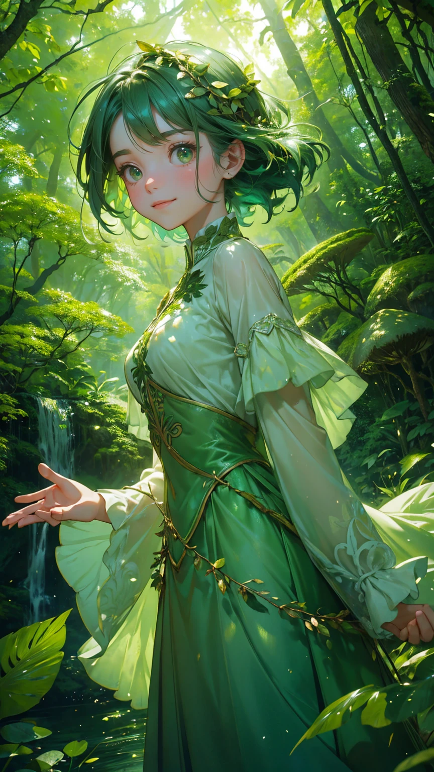 A beautiful, cute girl with an excited expression, wearing a whimsical green forest-themed outfit made of leaves and natural elements, like vines and small branches. She is joyfully jumping in the air, surrounded by a cascade of green glowing coins falling from above. Below her, a magical forest clearing with a small waterfall and a pond sparkles in shades of green. Towering trees with lush green canopies and oversized green mushrooms fill the background, while beams of green light shoot upward in a vibrant burst. The entire scene is immersed in various green tones, from her dress to the trees and the water, creating a lively, enchanting, and otherworldly forest atmosphere."
