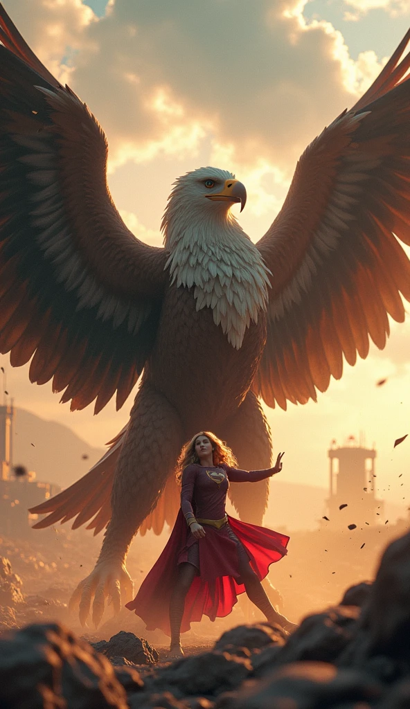 Griffin with spread wings, ((Eagle wings and upper body, Lion&#39;s body, Sharp beak)), ((masterpiece, Highest quality, Best image quality, High resolution, Realistic, RAW Photos, 8k)), ((Highly detailed CG synthesis 8k wallpaper)), (Huge and stunning goddess shot, Very hot and sexy, Incredible beauty, Perfect Proportions, Beautiful body, Slim body beauty:1.4), Front view, Supergirl Fighting the Griffon