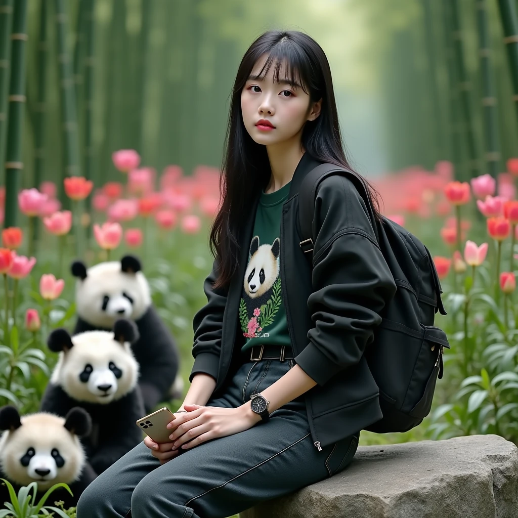 Beautiful Korean girl, white skin, well-groomed face, long straight black hair, wearing a black jacket, jeans, dark green highlighter t-shirt, panda print, cargo pants, backpack, wearing a cool watch, sitting on a rock holding an iPhone 14 Promex, there are pandas roaming around, in the background Behind the vast green bamboo trees, tulips and roses bloom, looking authentic, real and realistic in the photoHigh Resolution,
