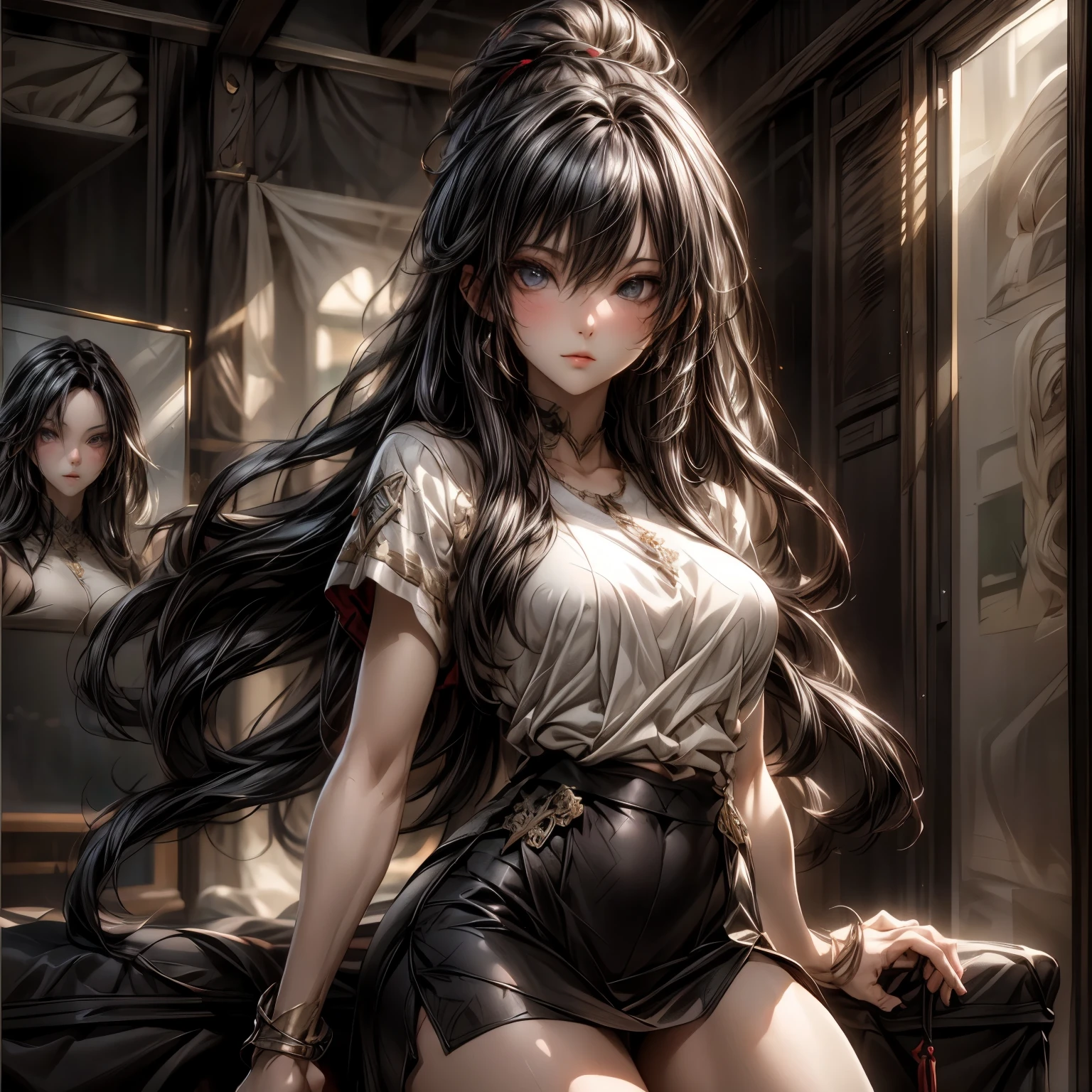 (best quality)), ((Masterpiece)), (details:1.4), 3d, HDR (high dynamic range), an image of a beautiful cyberpunk female, fantasy, medieval, Cyberpunk, black hair, Sleek style, Curtain Bangs, Beautiful White eyes, จมูกโด่ง, ปากแดง, หน้าอกใหญ่, nvidia RTX, PBR surface, After processing, Anisotropic filtration,depth of field, Maximum clarity and clarity, multi-layered surface, Subsurface scattering, perfect proportions, 8K raw files, ultra detailed, Perfect proportions, volumetric lighting, soft lighting, Holy Paldin, Heavy Golden Armor, white dress, intricate Silver embroidery, glossy skin, Bed room Background, jewely, ต่างหู, นิ้วมือสมบูณ์, mini black skirt,