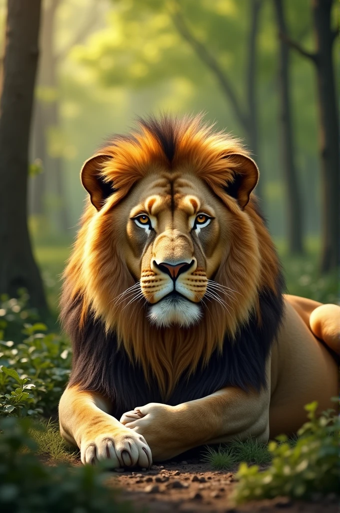 A close-up of the lion lying on the forest floor, with his head resting on his large paws. The scene is serene, with dappled sunlight filtering through the trees