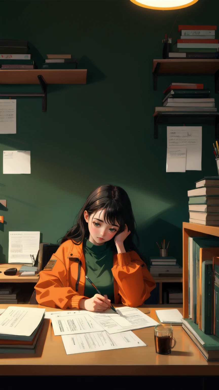 Create an image of a focused young woman sitting at a cluttered desk in a dimly lit, green-toned office. She is surrounded by wall-to-wall shelves packed with files, books, sticky notes, and tech paraphernalia, emphasizing a chaotic but intellectual workspace. The woman has a thoughtful expression, deep in analysis or coding, with multiple monitors displaying data and graphs. Her desk is a mess of papers, books, a laptop, and various gadgets. She has a rugged yet intellectual look, wearing a casual orange jacket over a green shirt. The room is filled with a soft green light, suggesting a late-night work session, embodying a theme of dedication and deep research in the tech or crypto field, without any visible text, but implying a sense of urgency and importance in her work.