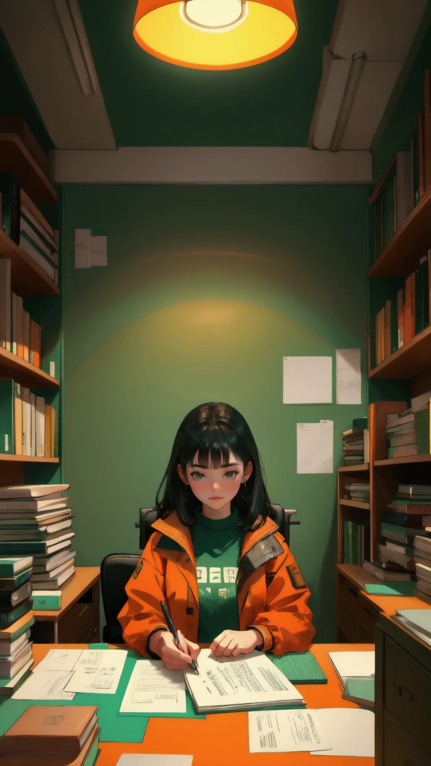 Create an image of a focused young woman sitting at a cluttered desk in a dimly lit, green-toned office. She is surrounded by wall-to-wall shelves packed with files, books, sticky notes, and tech paraphernalia, emphasizing a chaotic but intellectual workspace. The woman has a thoughtful expression, deep in analysis or coding, with multiple monitors displaying data and graphs. Her desk is a mess of papers, books, a laptop, and various gadgets. She has a rugged yet intellectual look, wearing a casual orange jacket over a green shirt. The room is filled with a soft green light, suggesting a late-night work session, embodying a theme of dedication and deep research in the tech or crypto field, without any visible text, but implying a sense of urgency and importance in her work.