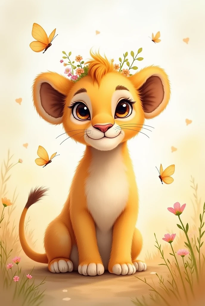 A soft and whimsical watercolor painting of a young, adorable lion cub in a dreamy savanna setting. The lion cub has large, expressive eyes that convey a sweet and curious expression. Its fur is a delicate blend of soft pastel tones like light gold, peach, and cream, with small, gentle brush strokes that give it a soft, fluffy appearance. Delicate flowers and green leaves are interspersed in its mane, adding a magical and tender touch. The background is a softly blurred savanna landscape with gentle washes of golden grasses, small flowering bushes, and soft, muted sun rays that create a warm and serene atmosphere. Light butterflies are painted with gentle, flowing strokes, adding to the dreamy and enchanting ambiance. Art style: Soft watercolor, children’s book illustration. Lighting: Soft and diffused with warm undertones. Composition: Gentle focus on the lion, balanced with background elements. 
