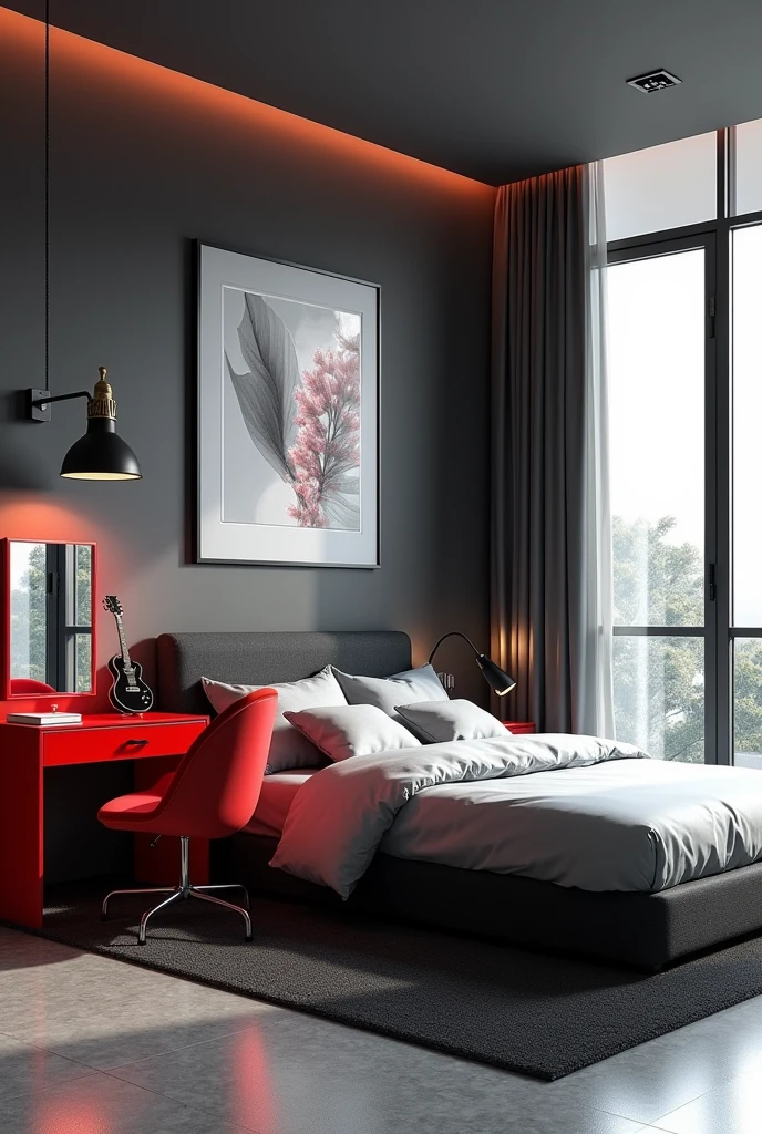 Professional 3d architecture rendering design of modern   girl age  room with modern dark bed and  light silver blanket and sheets modern   red glassy makeup table and glassy  chairand  glassy black gitar   And modern windows  and beautiful and modern painting wall with tailor suieft painting  and modern windows and showing complete bed room and light gray stone for floor and elegant  dark carpet and small ai similar human sitting on the chair 