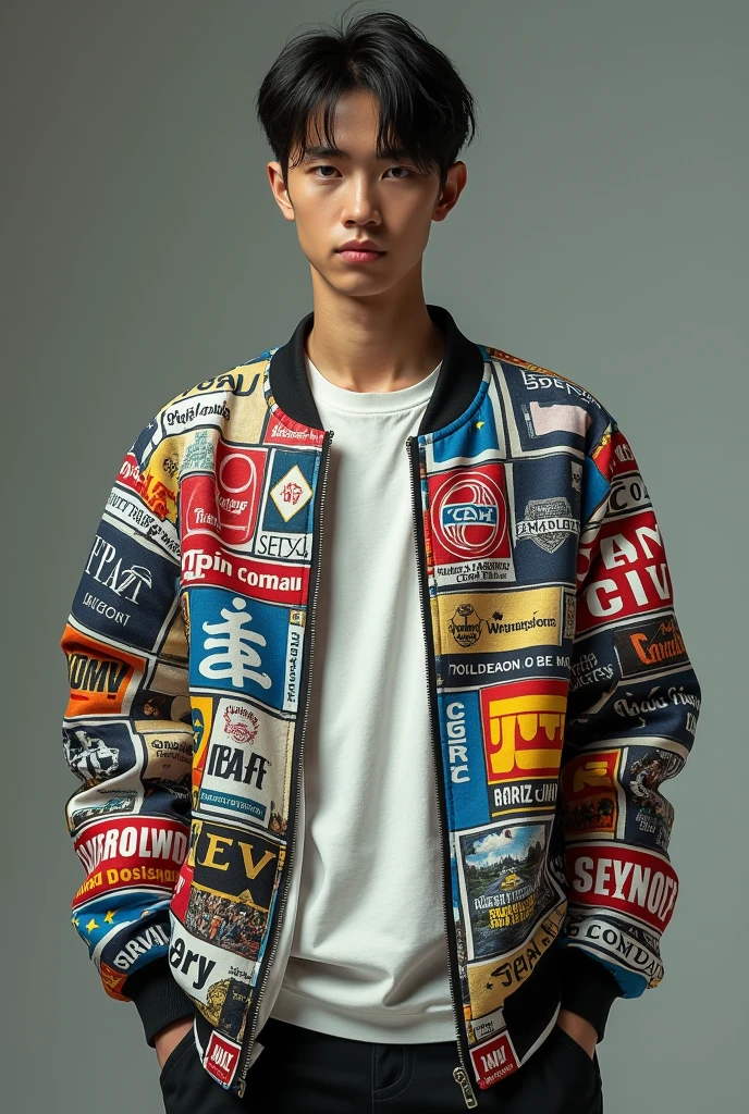  The image shows a person wearing a jacket with multiple logos and letters on the front, along with a white shirt underneath.