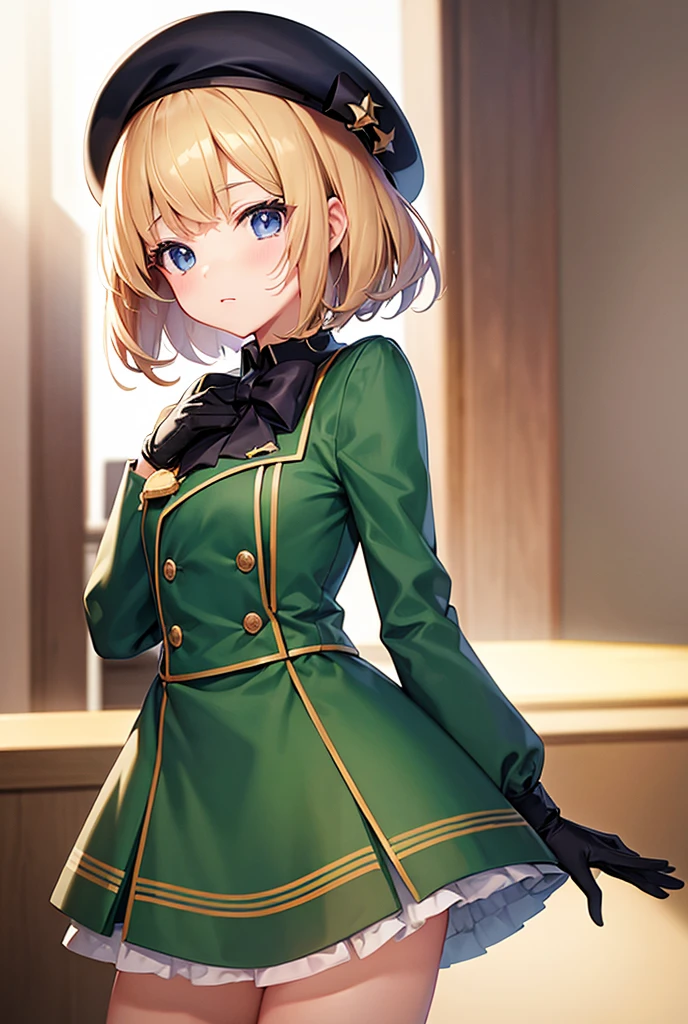 (Highest quality)、masterpiece、Popular on pixiv、Wearing a uniform, beret and gloves、Anime Girls, arms behind back、The finer details、(Bobcut)、(Blonde)、Girls' Frontline, from Girls' Frontline, Cute girl anime visuals, Ayaka Genshin Impact, Girls' Frontline style, Key Anime Art, Half Yamada, Girls' Frontline universe, Girls' Frontline, Hajime Yatate, Girls' Frontline cg, Shu, Kagamine Rin