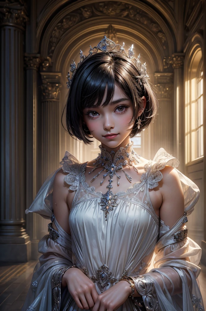 ((masterpiece, best quality, ultra-detailed, high resolution, extremely detailed CG, super detailed, Most beautiful clean lighting)), 1girl, small girl, under 12, cute girl, pretty face, smile, white skin, Beautiful black hair, hair cut in a row, bob cut, straight hair, black eyes, kawaii, slender, small build, kawaii, little body, divine garment, fantastic landscape, ultimate beauty