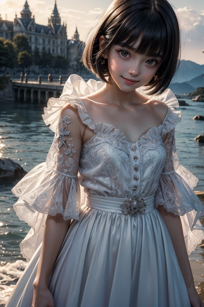 ((masterpiece, best quality, ultra-detailed, high resolution, extremely detailed CG, super detailed, Most beautiful clean lighting)), 1girl, small girl, under 12, cute girl, pretty face, smile, white skin, Beautiful black hair, hair cut in a row, bob cut, straight hair, black eyes, kawaii, slender, small build, kawaii, little body, divine garment, fantastic landscape, ultimate beauty