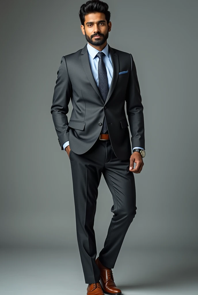 Indian man wearing dark gray suit with light blue shirts and light brown shoes,tie,watch and belt Full body view